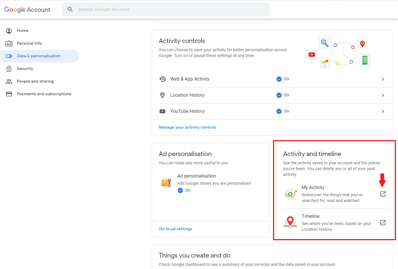 my activity under activity and timeline